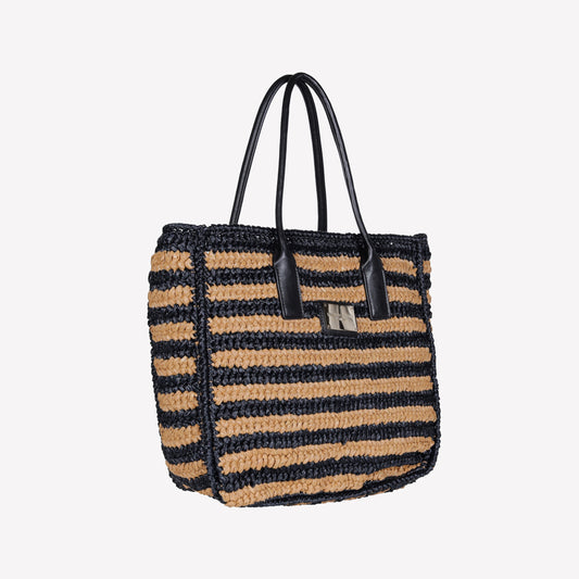 BORSA IN RAFFIA MARRONE BICOLORE INTRECCIATA A MANO CON MANICO IN PELLE ANTIBES - nero_marrone | Roberto Festa