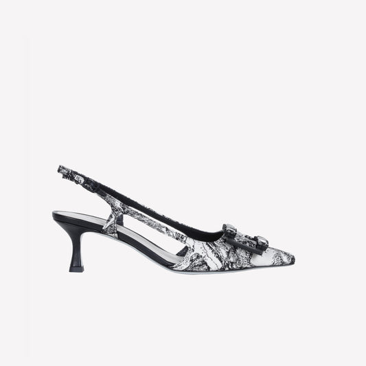 SLINGBACK IN TESSUTO JACQUARD CON ACCESSORIO BAGUETTE ATENA - bianco_nero | Roberto Festa