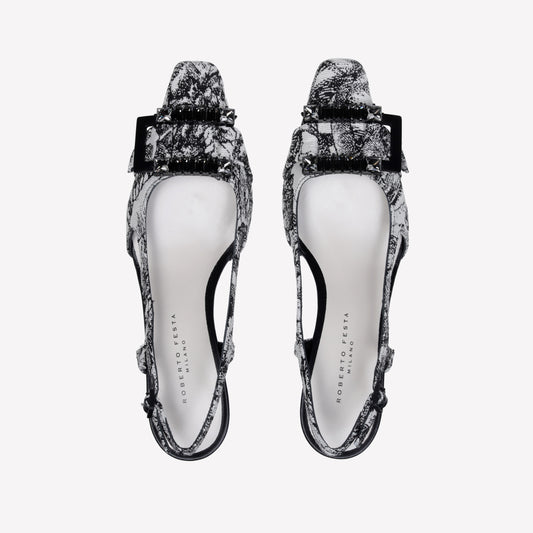 SLINGBACK IN TESSUTO JACQUARD CON ACCESSORIO BAGUETTE ATENA - bianco_nero | Roberto Festa