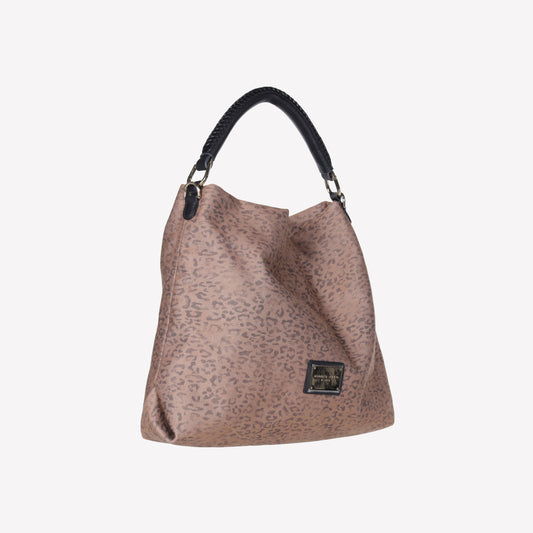 BORSA TOTE IN JEANS LEOPARDATO CON MANICI E TRACOLLA IN PELLE NERA BIANCA - NO DISCOUNT | Roberto Festa