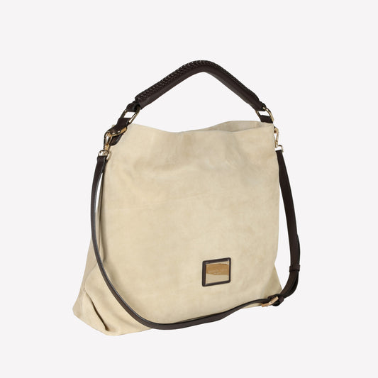 BORSA TOTE IN CAMOSCIO COLOR BISCOTTI CON MANICI E TRACOLLA IN PELLE CASTANO BIANCA - Beige | Roberto Festa