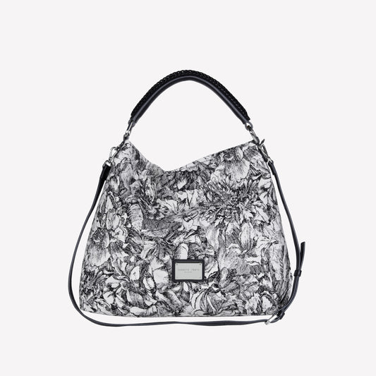 BORSA TOTE IN TESSUTO JACQUARD CON MANICI E TRACOLLA IN PELLE NERA BIANCA - NO DISCOUNT | Roberto Festa