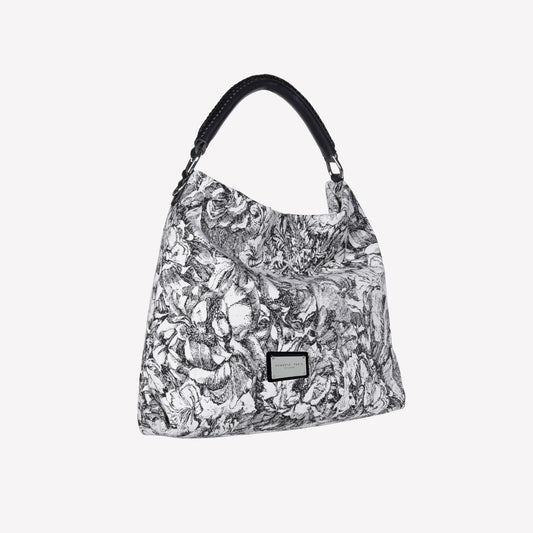 BORSA TOTE IN TESSUTO JACQUARD CON MANICI E TRACOLLA IN PELLE NERA BIANCA - NO DISCOUNT | Roberto Festa