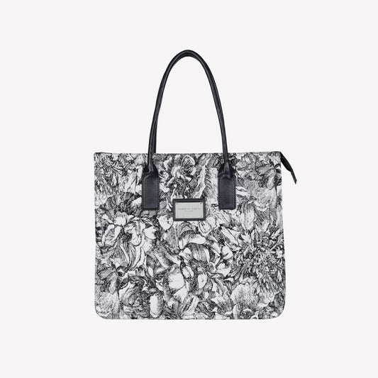 BORSA TOTE IN TESSUTO JACQUARD CON MANICO E ACCESSORIO FIORE IN PELLE NERA BRUNA - NO DISCOUNT | Roberto Festa