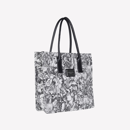 BORSA TOTE IN TESSUTO JACQUARD CON MANICO E ACCESSORIO FIORE IN PELLE NERA BRUNA - NO DISCOUNT | Roberto Festa