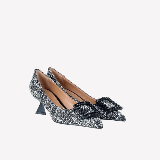 DECOLLETE’ IN TESSUTO TWEED CON FIBBIA QUADRA CRISTALLI EVILLY - Scarpe | Roberto Festa