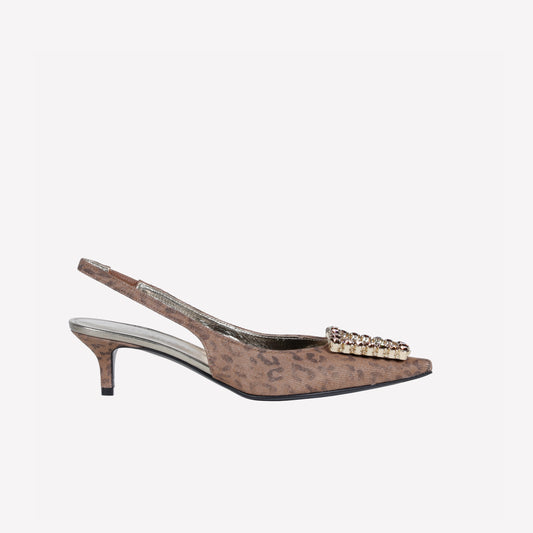 SLINGBACK IN JEANS LEOPARD CON FIBBIA IN CRISTALLI FUTURA - Marrone | Roberto Festa