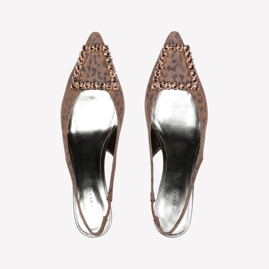 SLINGBACK IN JEANS LEOPARD CON FIBBIA IN CRISTALLI FUTURA - Marrone | Roberto Festa