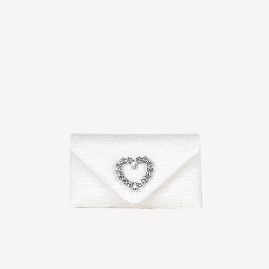 CLUTCH IN TWEED CREMA CON ACCESSORIO CUORE DI CRISTALLO HEART - NO DISCOUNT | Roberto Festa