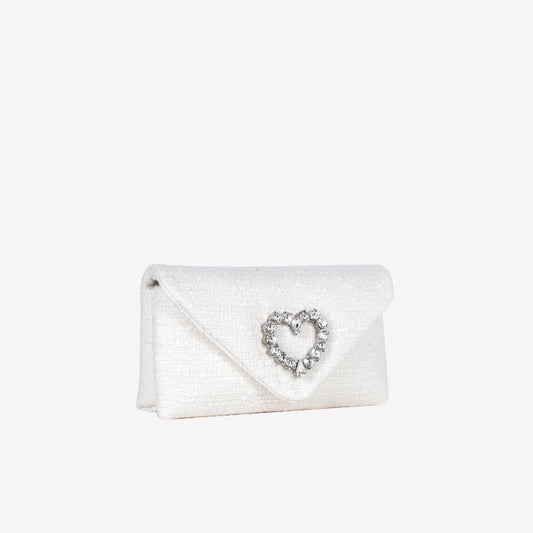 CLUTCH IN TWEED CREMA CON ACCESSORIO CUORE DI CRISTALLO HEART - Bianco | Roberto Festa