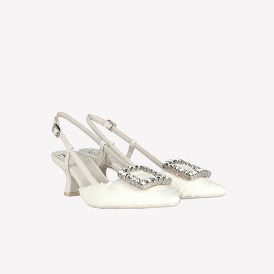 SLINGBACK IN TWEED CREAM CON FIBBIA DI CRISTALLI STEFI - Bianco | Roberto Festa