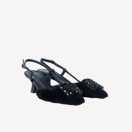 SLINGBACK IN VISONE NERO CON FIBBIA QUADRA CON CRISTALLI STEFI - Scarpe | Roberto Festa