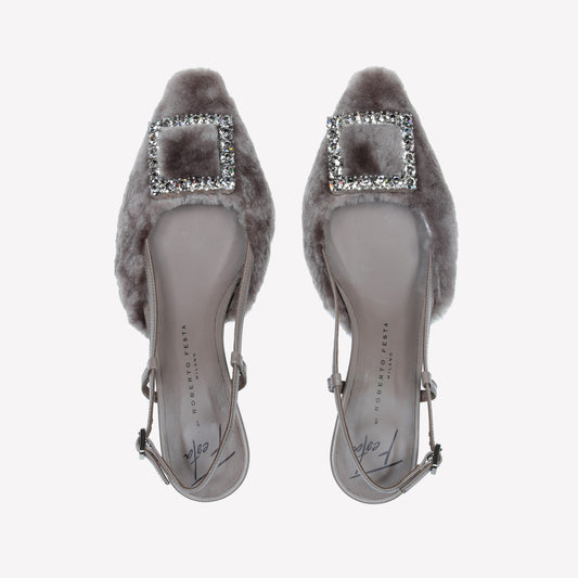 SLINGBACK IN VISONE NUTRIA CON FIBBIA QUADRA CON CRISTALLI STEFI - Grigio | Roberto Festa