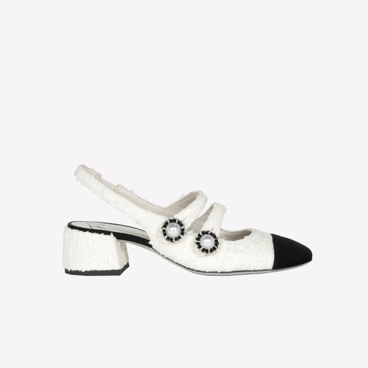 SLINGBACK IN TWEED CREMA CON PUNTINA NERA E DOPPIO CINTURINO TIGLIO - Bianco | Roberto Festa