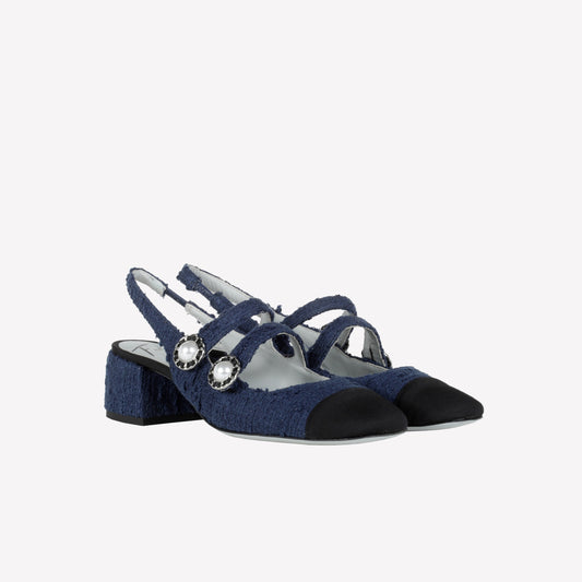 SLINGBACK IN TWEED NAVY  CON PUNTINA NERA E DOPPIO CINTURINO TIGLIO - Blu | Roberto Festa