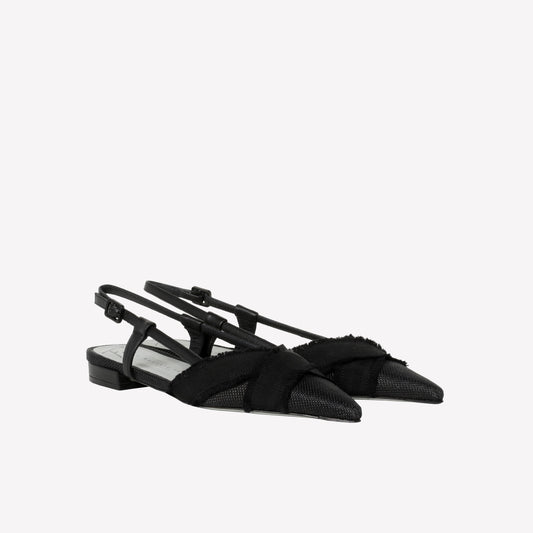 SLINGBACK IN RAFFIA E PELLE NERA CON DUE FASCE SULLO SCOLLO VERBENA - NO DISCOUNT | Roberto Festa