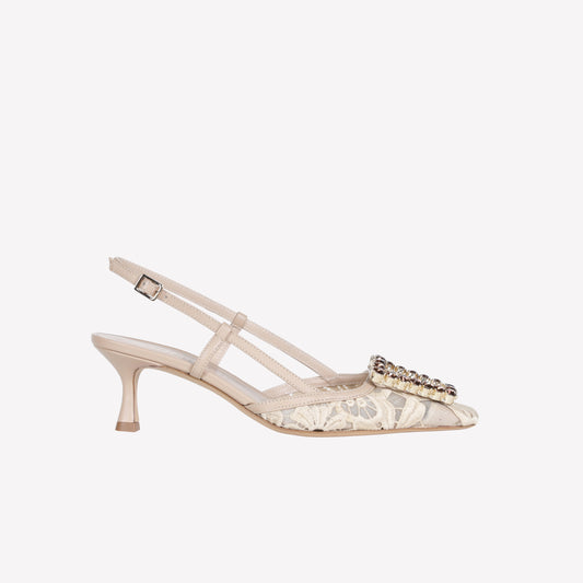 SLINGBACK IN MACRAME' E TULLE BEIGE CON FIBBIA CRISTALLO VITTORIA - Beige | Roberto Festa