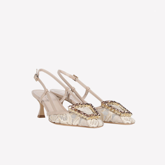 SLINGBACK IN MACRAME' E TULLE BEIGE CON FIBBIA CRISTALLO VITTORIA - Beige | Roberto Festa