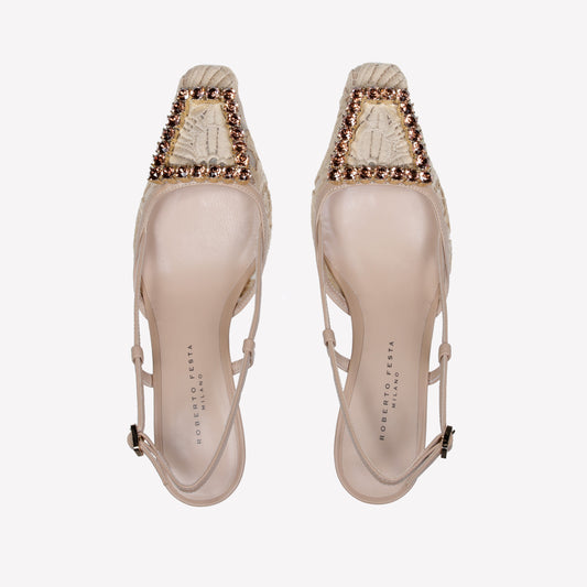 SLINGBACK IN MACRAME' E TULLE BEIGE CON FIBBIA CRISTALLO VITTORIA - Beige | Roberto Festa