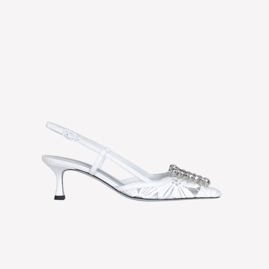 SLINGBACK IN TESSUTO MACRAME' ETULLE BIANCA CON FIBBIA CRISTALLO VITTORIA - Bianco | Roberto Festa