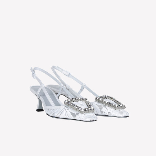 SLINGBACK IN TESSUTO MACRAME' ETULLE BIANCA CON FIBBIA CRISTALLO VITTORIA - NO DISCOUNT | Roberto Festa