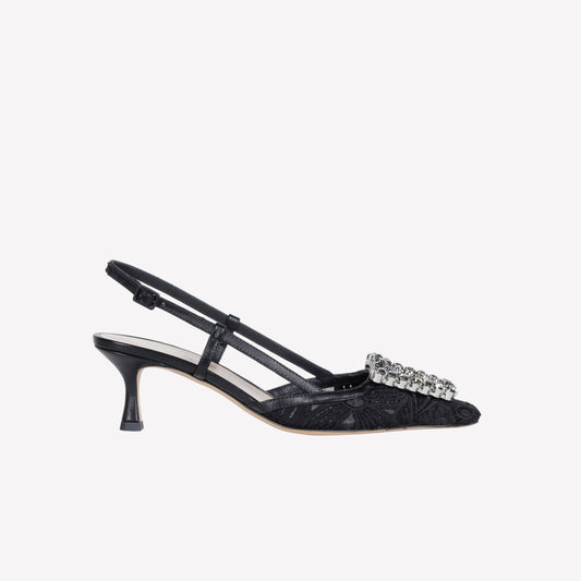 SLINGBACK IN TESSUTO MACRAME' E TULLE NERA CON FIBBIA CRISTALLO VITTORIA - NO DISCOUNT | Roberto Festa