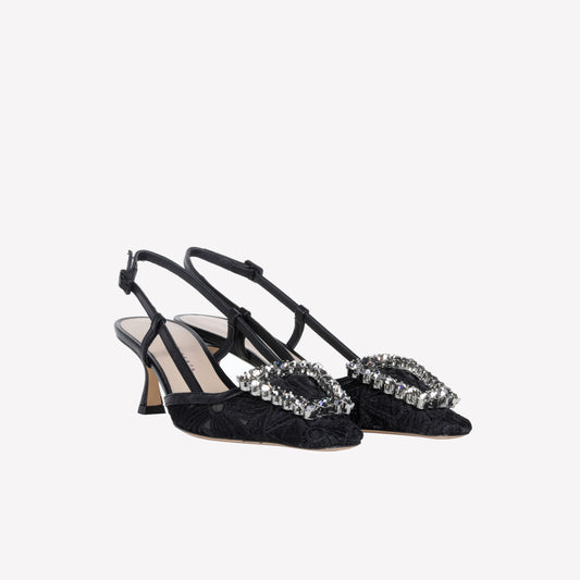 SLINGBACK IN TESSUTO MACRAME' E TULLE NERA CON FIBBIA CRISTALLO VITTORIA - Nero | Roberto Festa