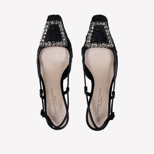 SLINGBACK IN TESSUTO MACRAME' E TULLE NERA CON FIBBIA CRISTALLO VITTORIA - Nero | Roberto Festa