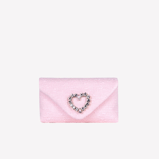 CLUTCH IN TWEED PEONIA CON ACCESSORIO CUORE DI CRISTALLO HEART - Rosa | Roberto Festa