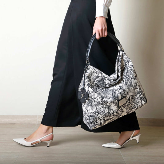 BORSA TOTE IN TESSUTO JACQUARD CON MANICI E TRACOLLA IN PELLE NERA BIANCA - Bianco_nero | Roberto Festa