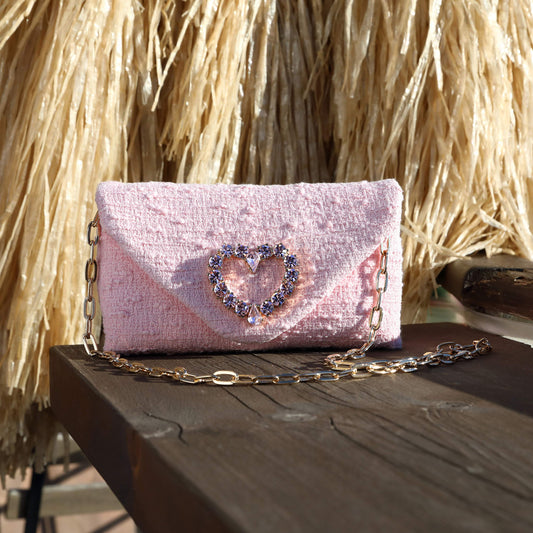 CLUTCH IN TWEED PEONIA CON ACCESSORIO CUORE DI CRISTALLO HEART - Rosa | Roberto Festa